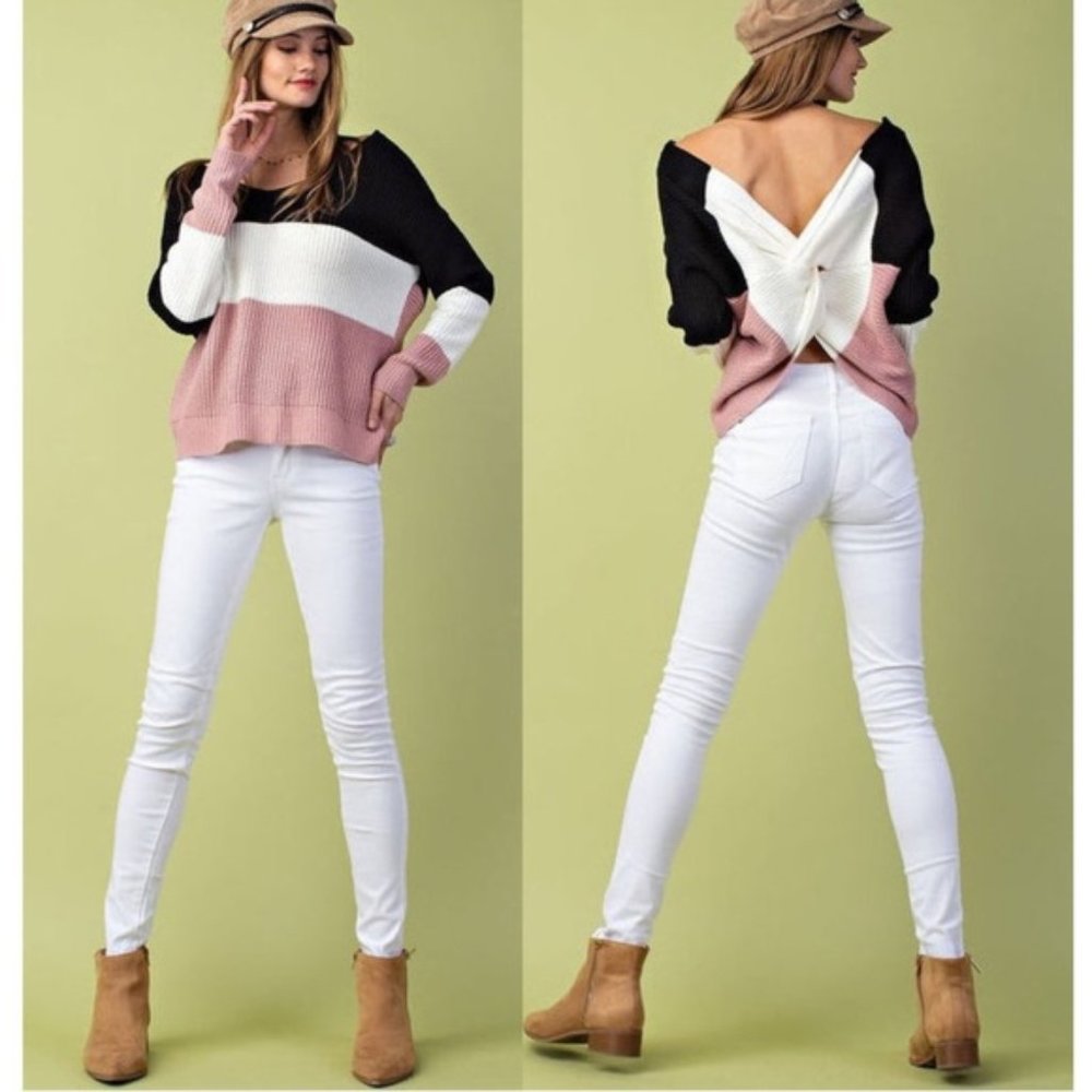 V-Neck Color Block Twisted Knot Back Sweater - Picture 4 of 5